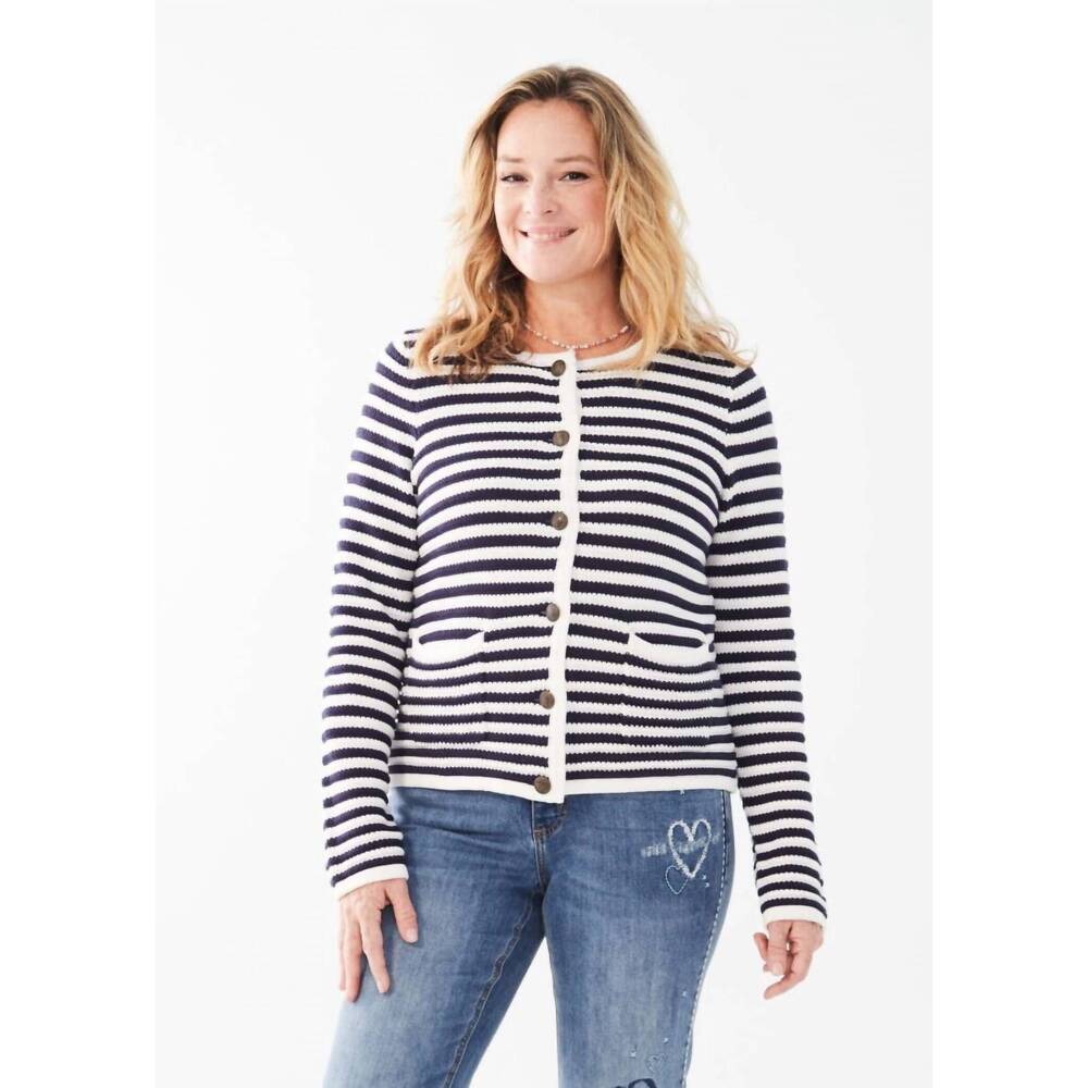 NEW FDJ wiley crew neck cardigan in white and navy stripe